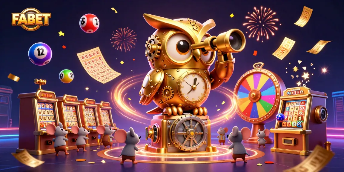 FABET promotes an exciting casino scene with a golden owl and vibrant games.