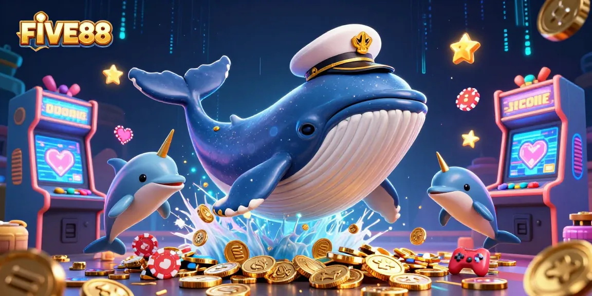 Playful dolphins and a captain whale visualize the vibrant gaming experience at FIVE88.