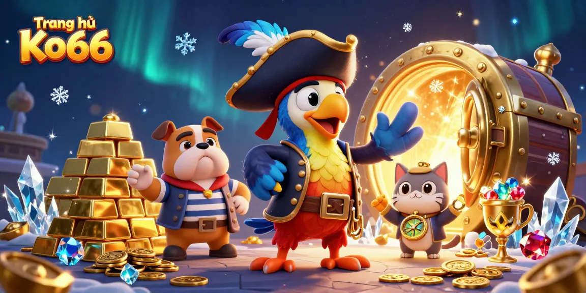 Experience excitement with Trang chủ Ko66 showcasing vibrant 3D characters and dazzling treasures in a lively casino scene.