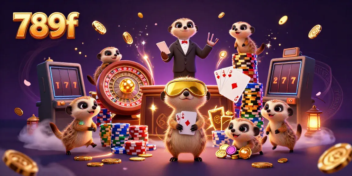 Experience vibrant gaming with 789f's meerkat casino, featuring cards, chips, and dynamic elements.