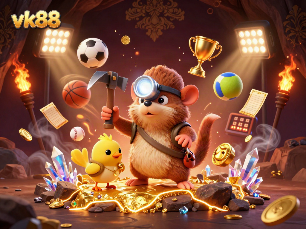 Experience the thrill of gambling at vk88 with a vibrant scene showcasing treasure hunters and sports betting excitement