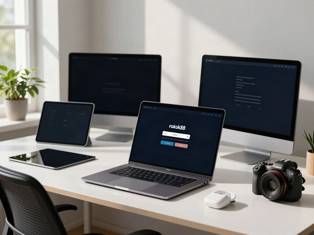 rokok88 login interface in a modern tech workspace with digital devices.