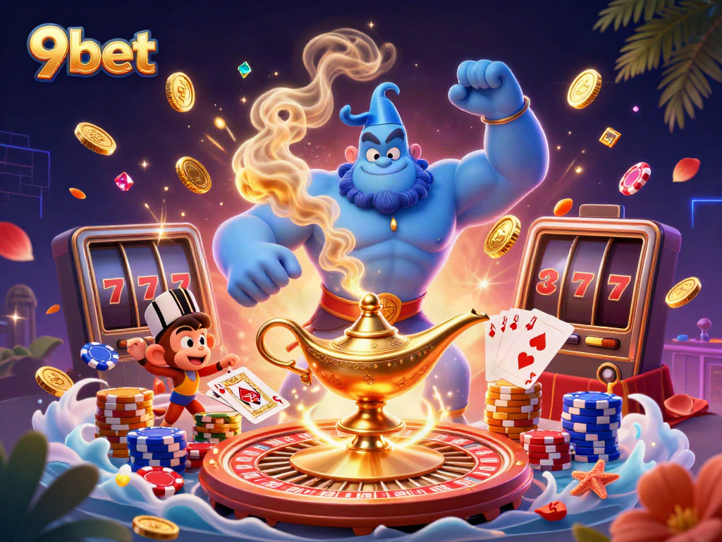 Experience the magic of 9bet with a vibrant 3D scene featuring a genie, poker elements, and casino excitement.
