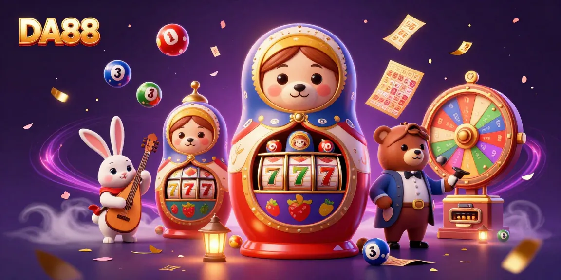 Join the excitement with DA88 as illustrated by a vibrant 3D scene featuring animated casino elements.