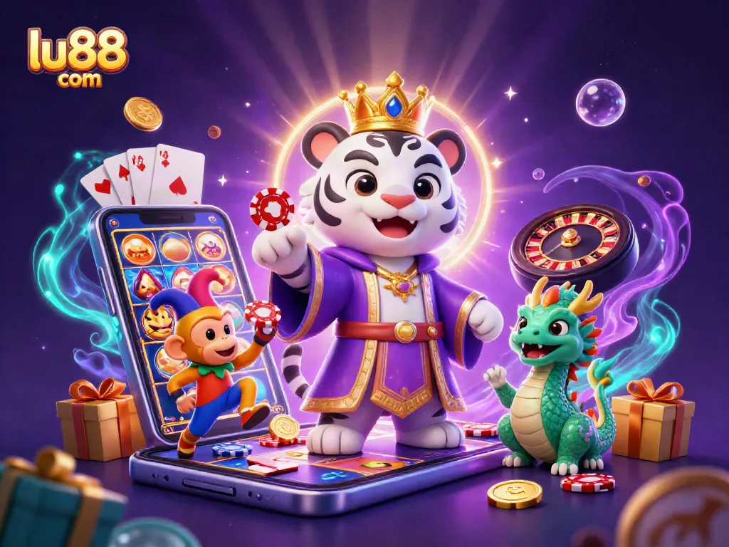 Engage in thrilling gameplay at lu88 com with a majestic tiger and playful monkey in a vibrant casino scene.