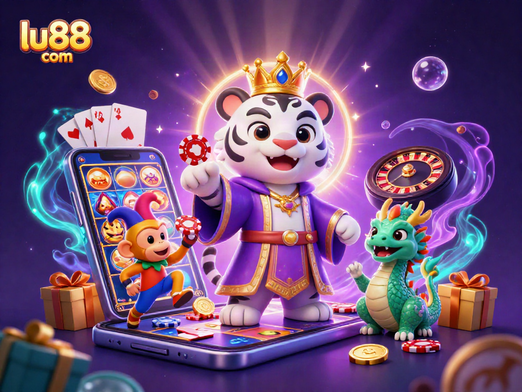 Engage in thrilling gameplay at lu88 com with a majestic tiger and playful monkey in a vibrant casino scene.