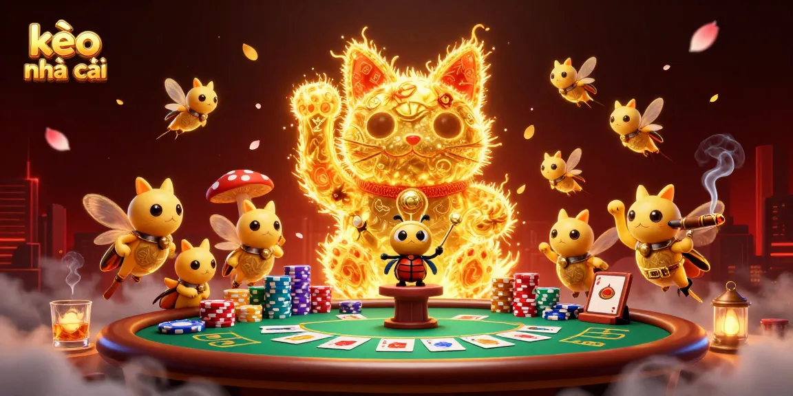 Experience thrilling kèo nhà cái excitement with a golden lucky cat and vibrant casino elements in this vivid 3D illustration.