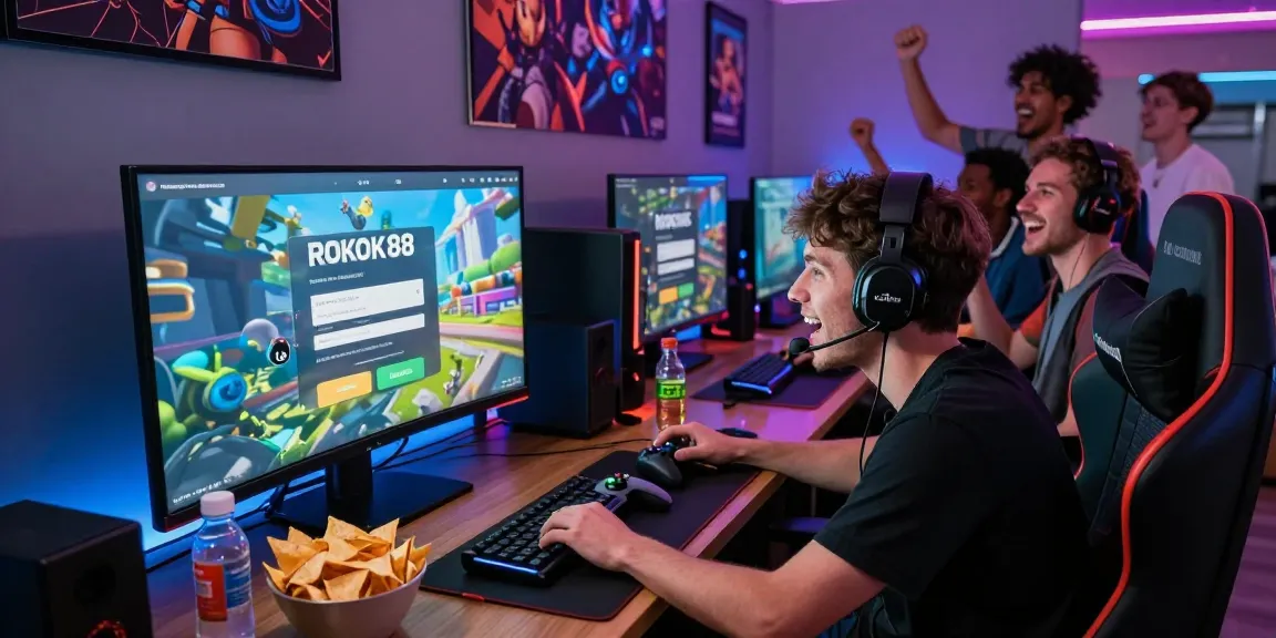 Engaging gaming scene featuring friends interacting with the ROKOK88 login page on screen, showcasing a vibrant online gaming atmosphere.
