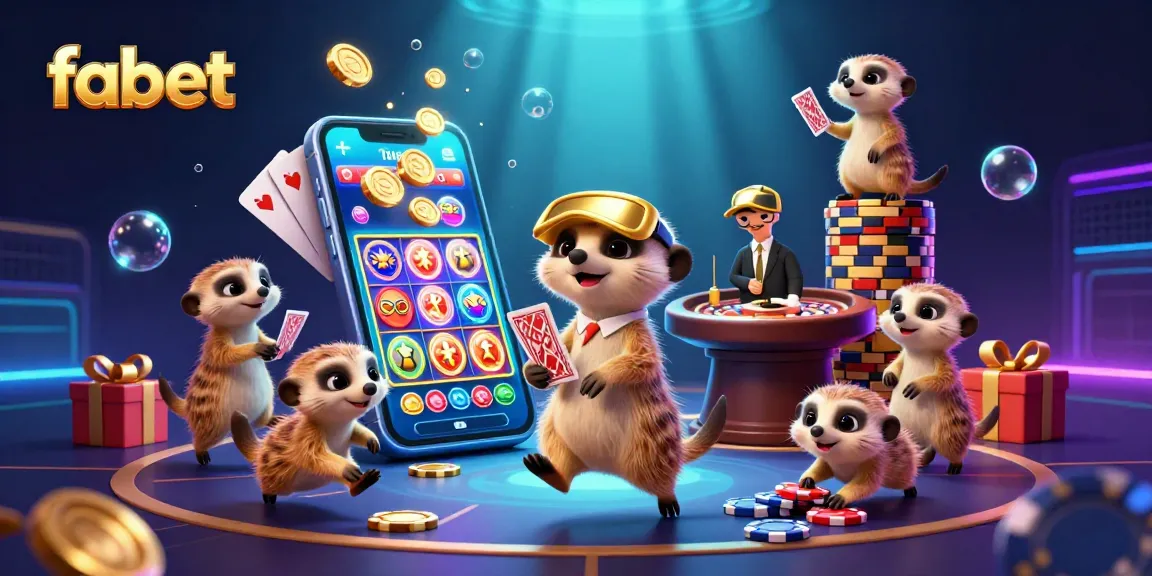 Engage in fabet's vibrant 3D meerkat casino scene featuring slot games, chips, and lively characters.