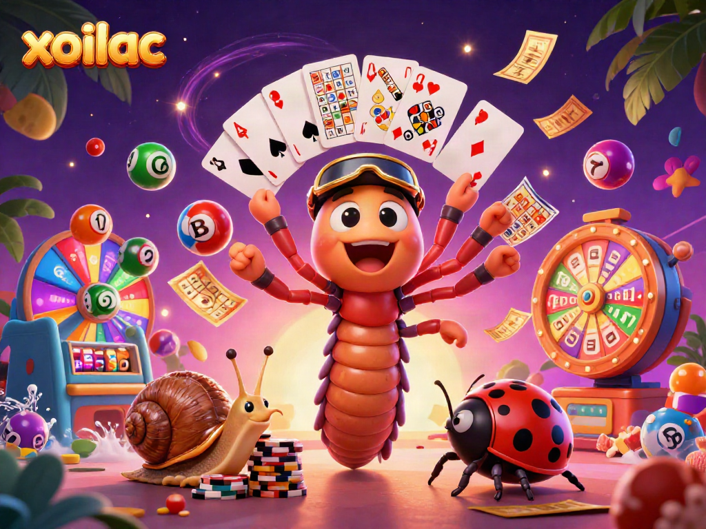 Experience live betting excitement with xoilac's dynamic cartoon casino scene featuring colorful elements.