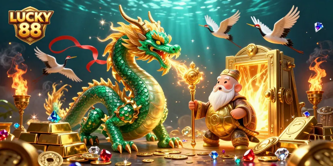 Experience epic wins with LUCKY 88 as emerald dragons and treasure abound in this vibrant casino illustration.