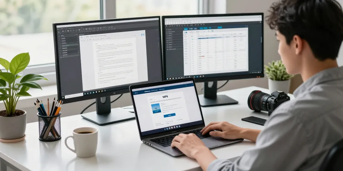 WPS Download page displayed on a laptop in modern workspace, showing productivity tools.