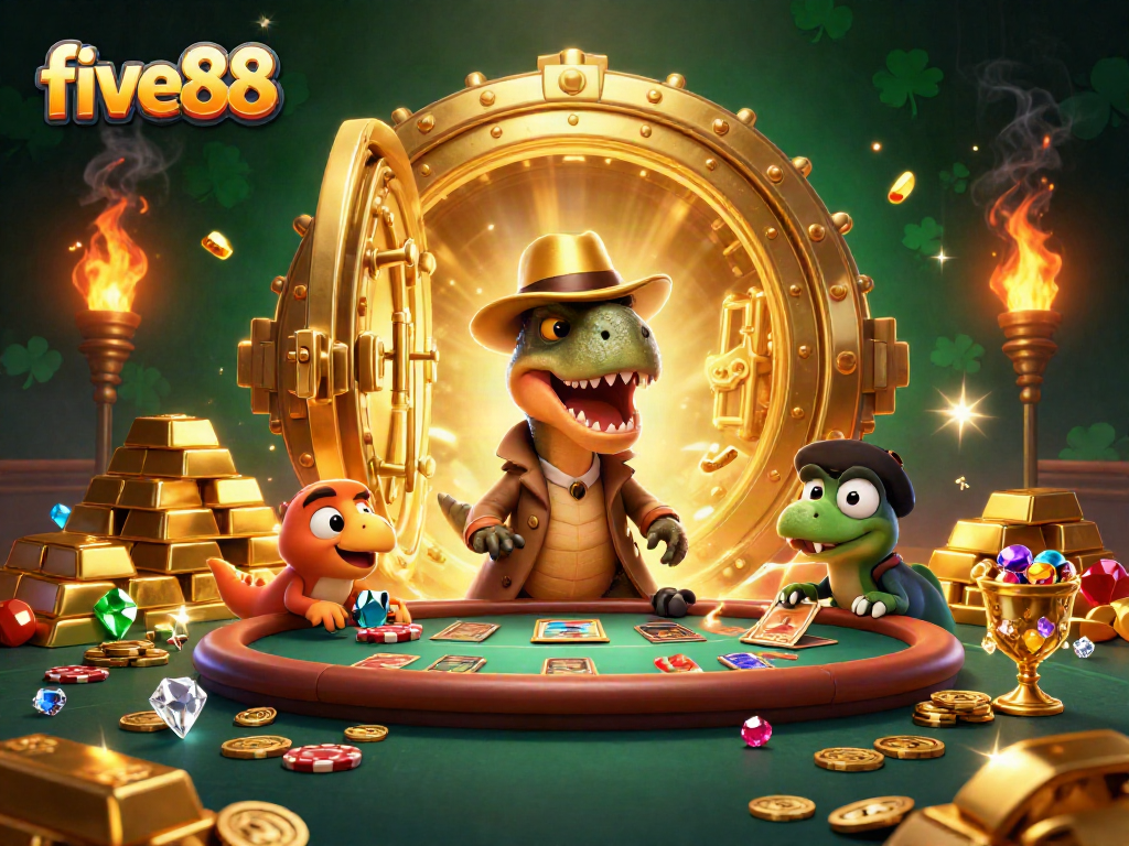 Win big at five88 with an ultra-detailed illustration of a velociraptor card counter in action.