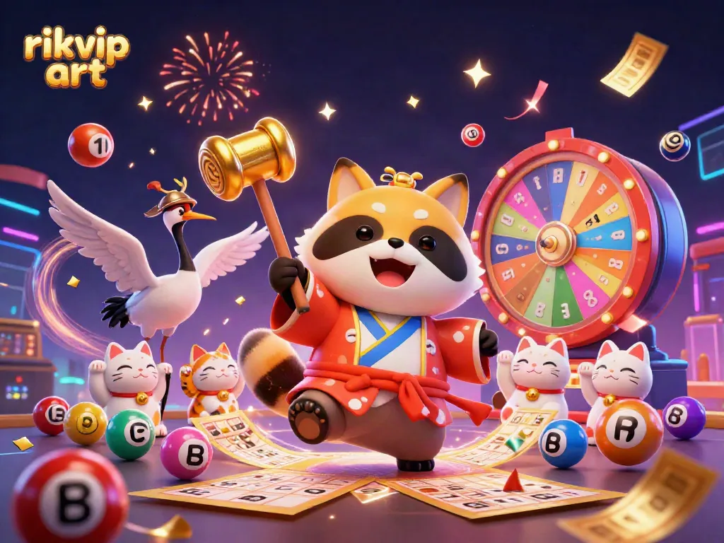 Experience excitement with rikvip art featuring a cheerful tanuki, maneki-neko, and lottery elements in a vibrant casino scene.