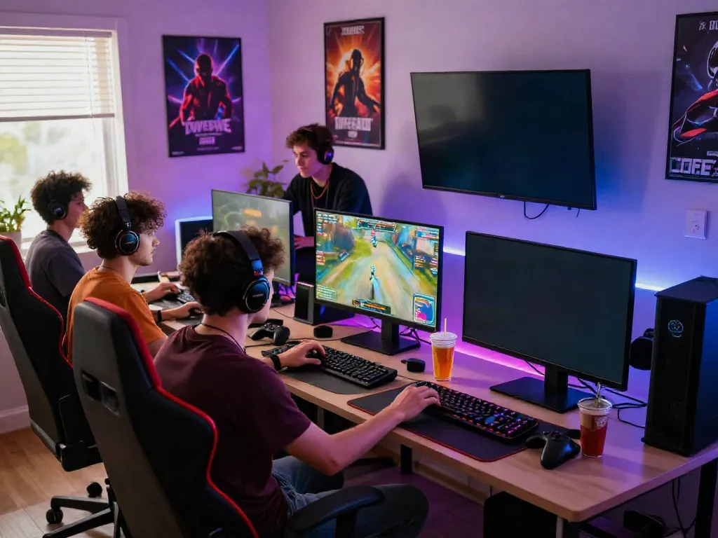 du88 online gaming experience with friends at home, showcasing accessories and vibrant atmosphere