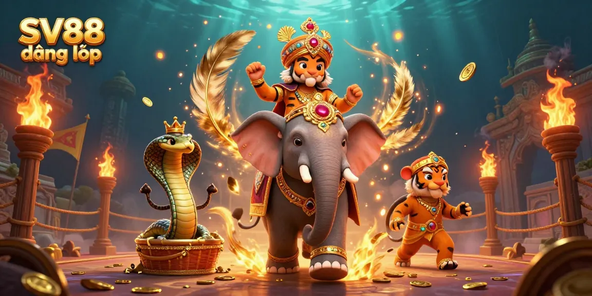 Engage in exciting gameplay with SV88 đăng nhập while exploring a majestic scene with a maharaja tiger, jewel-encrusted elephant, and golden coins.