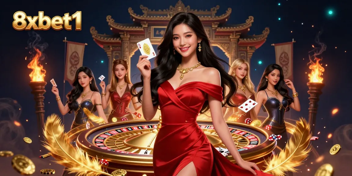 Experience exciting gameplay at 8xbet1 with vibrant visuals, a beautiful Asian woman holding a golden card beside a roulette wheel.