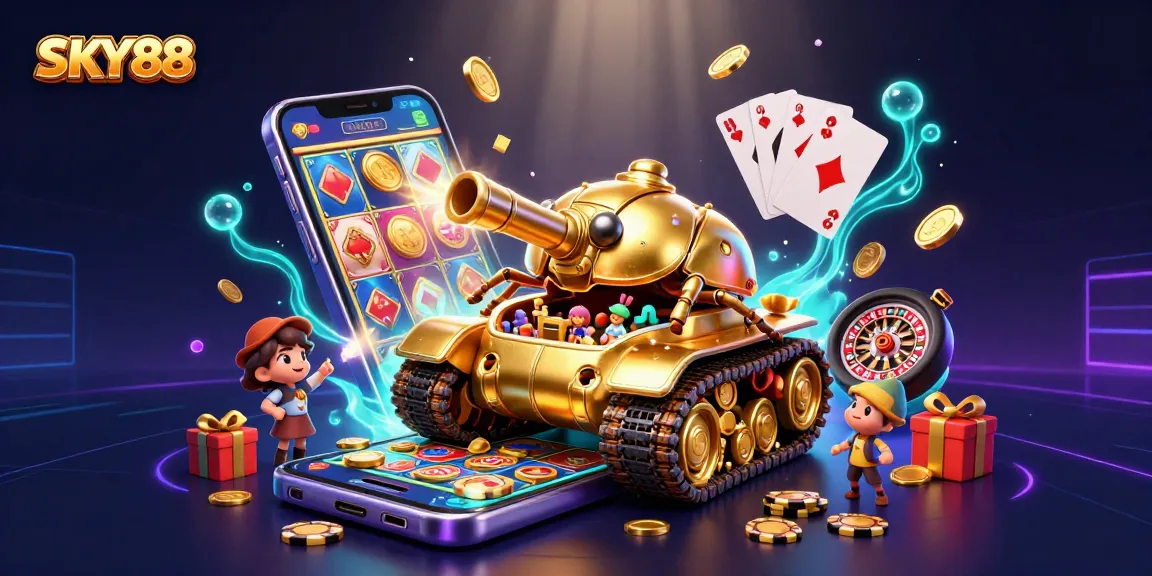 Play exciting games at SKY88, featuring a golden beetle tank opening to a casino scene with coins and games.