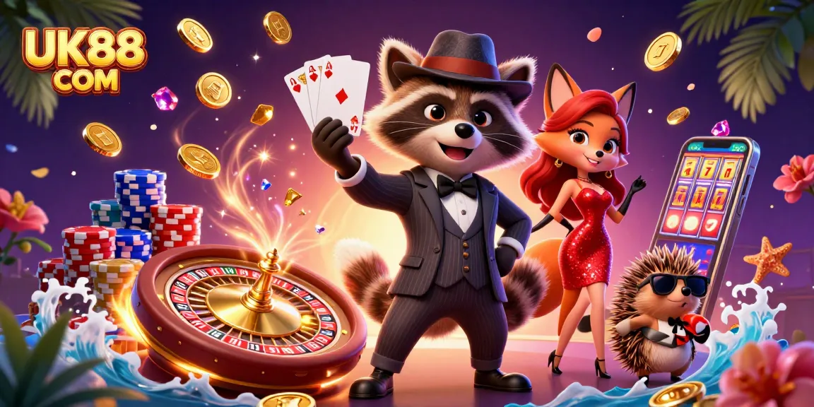 Spin to win with UK88 COM: A whimsical 3D illustration of cartoon characters in a vibrant casino scene.