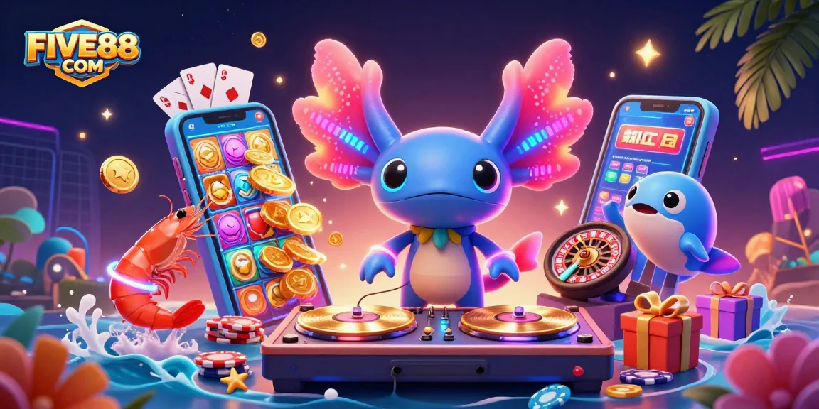 Spin to win with FIVE88 COM in an exciting underwater casino scene featuring vibrant characters.