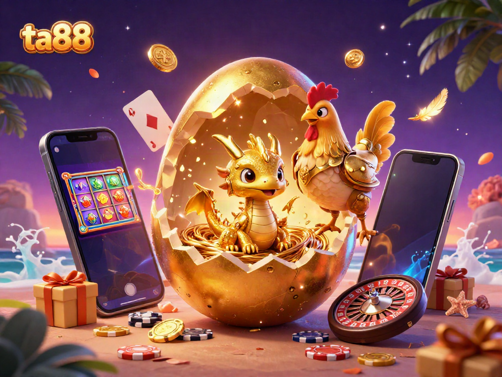 Spin and win at ta88 with a dynamic scene featuring a golden egg revealing a dragon and poker chips.