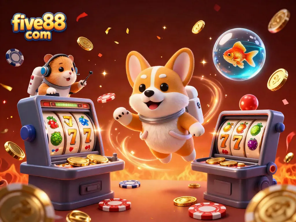 Explore exciting slots at five88 com with a 3D cartoon corgi, vibrant casino elements, and festive energy.