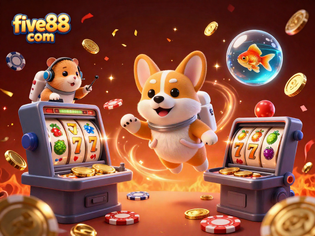 Explore exciting slots at five88 com with a 3D cartoon corgi, vibrant casino elements, and festive energy.
