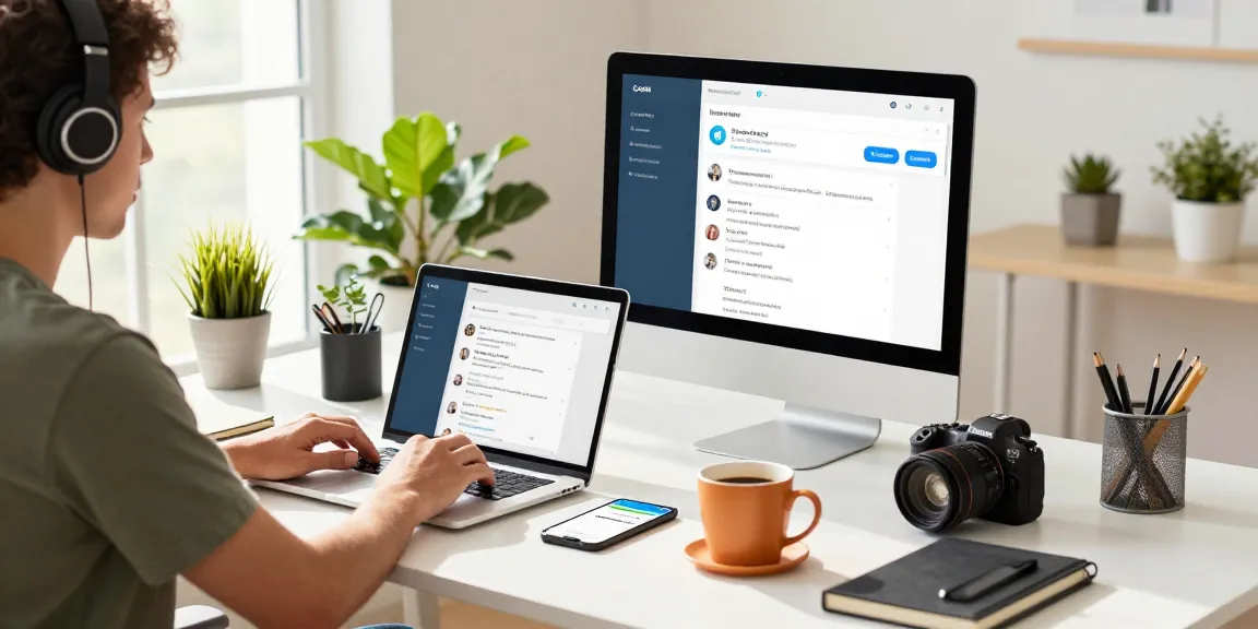 Download Telegram from a modern workspace with devices showing chat notifications.