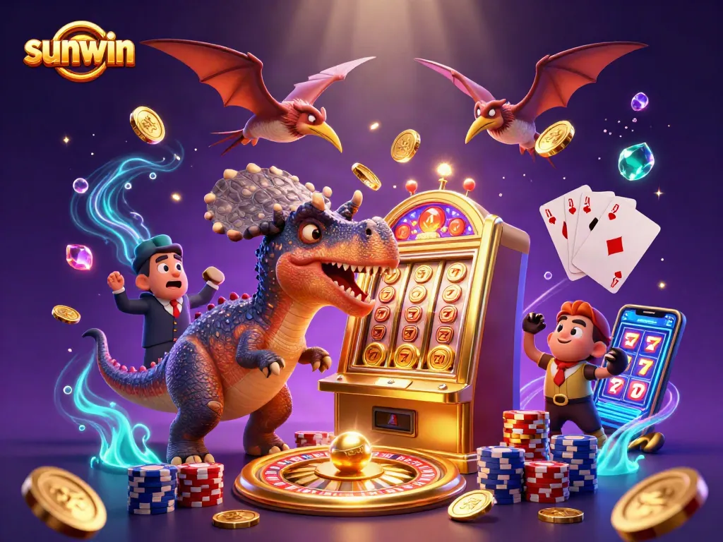 Experience sunwin excitement with a dino striking a jackpot slot while coins fly.