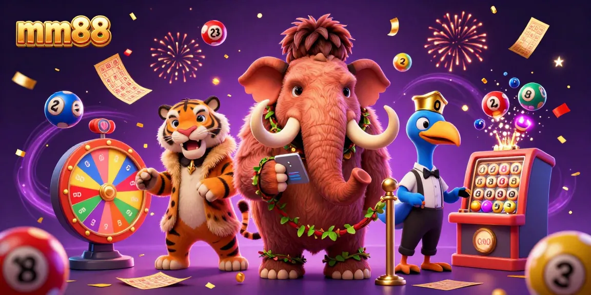 mm88 casino bouncer checks IDs while a VIP saber-tooth tiger and dodo doorman celebrate amidst vibrant game elements.