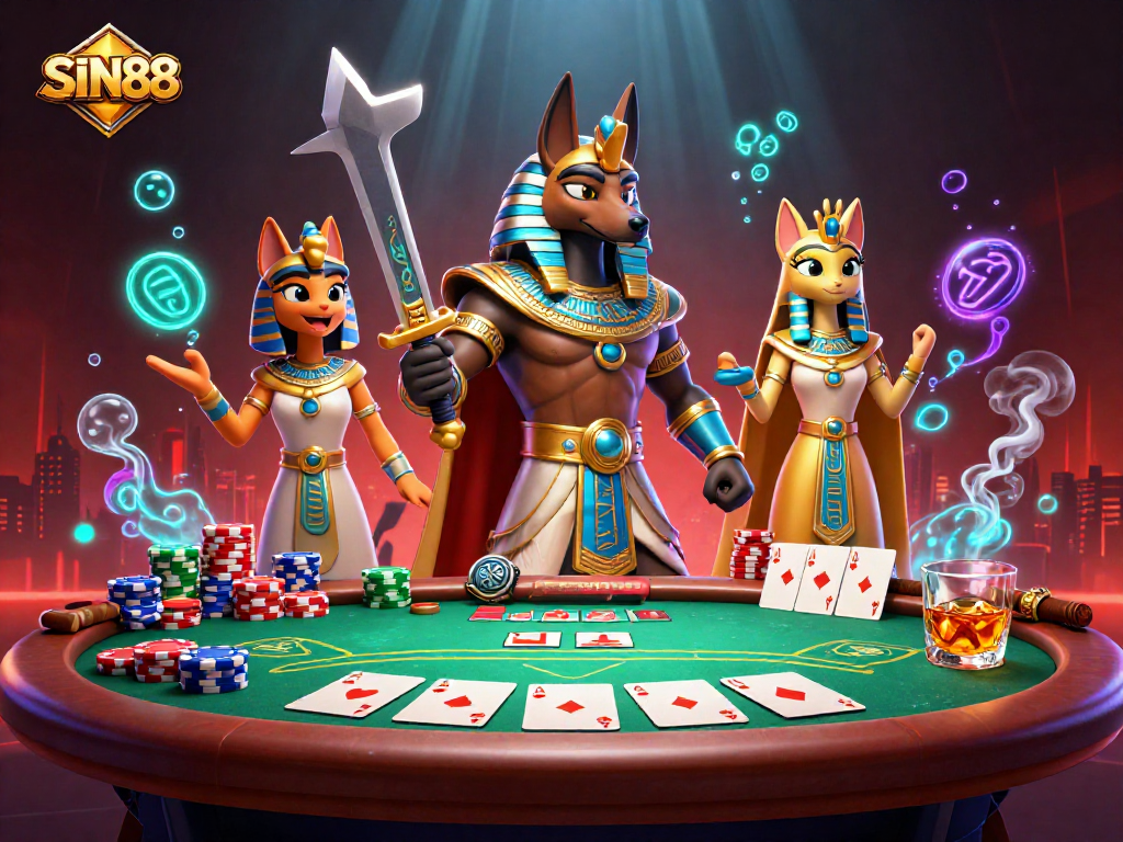 SIN88 showcases a vibrant 3D illustration with Anubis and Bastet at a poker table amidst colorful chips.