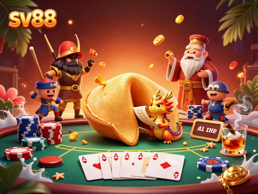 Witness the entertaining sv88 casino scene featuring a golden fortune cookie, a wise dragon, and poker elements.